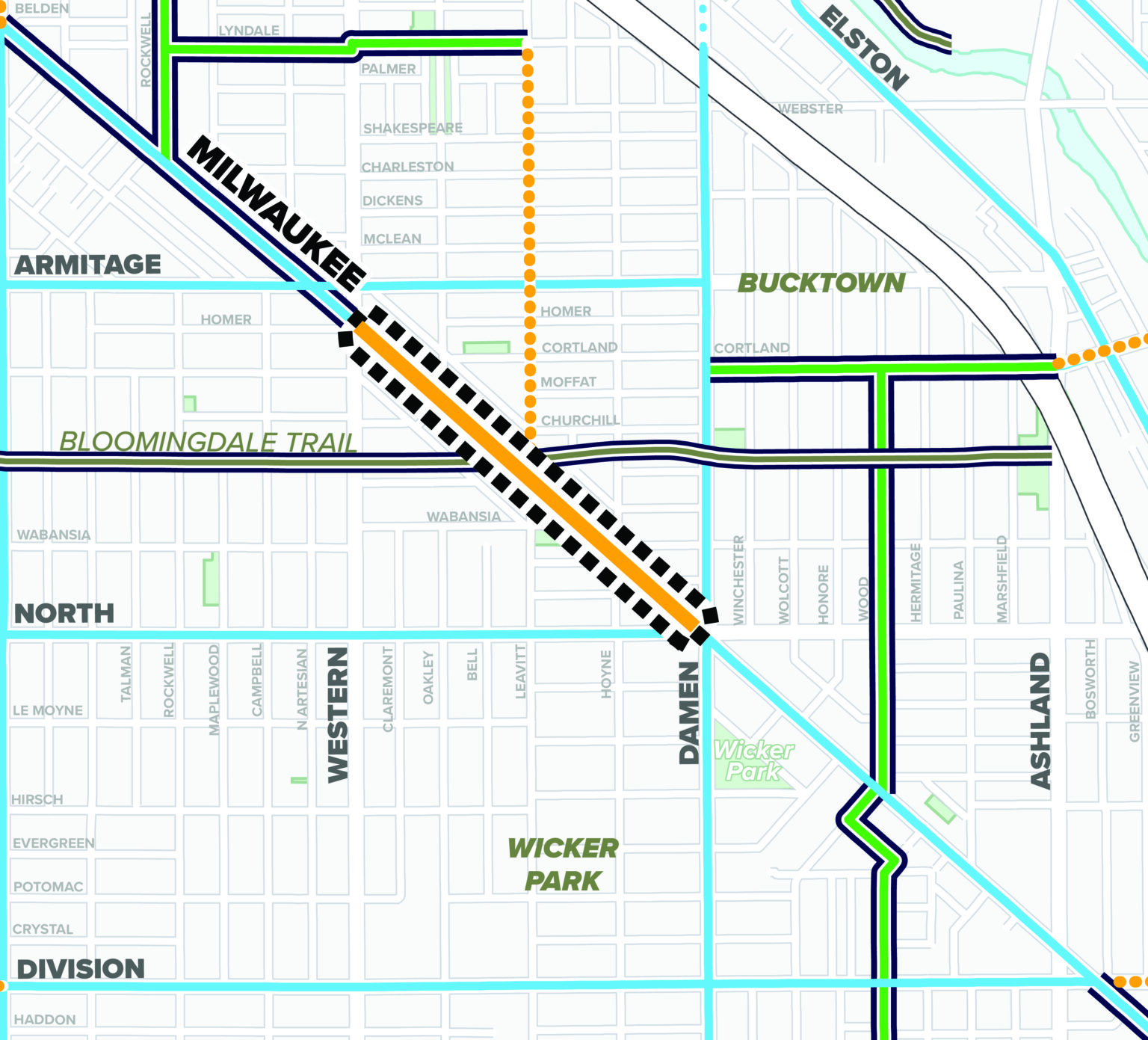 Map showing the project scope on Milwaukee Avenue between North Ave and Campbell Avenue, along with the surrounding bike network